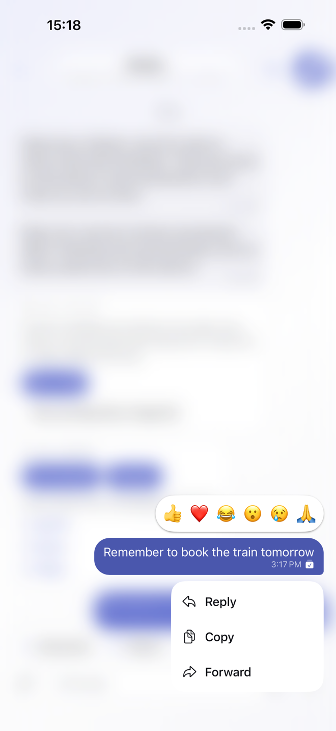 Long-pressing a message: reactions, reply, copy, forward
