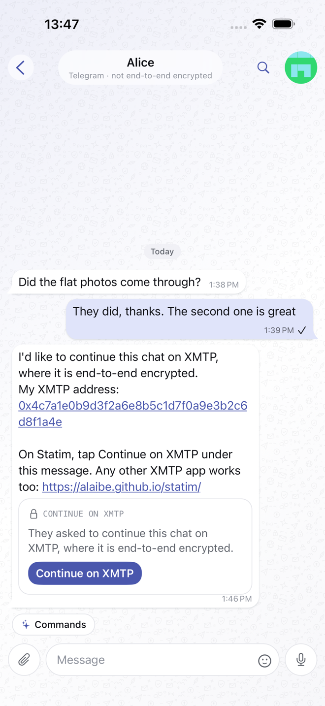 A Telegram DM where Alice asked to continue on XMTP, with a Continue on XMTP button under her message