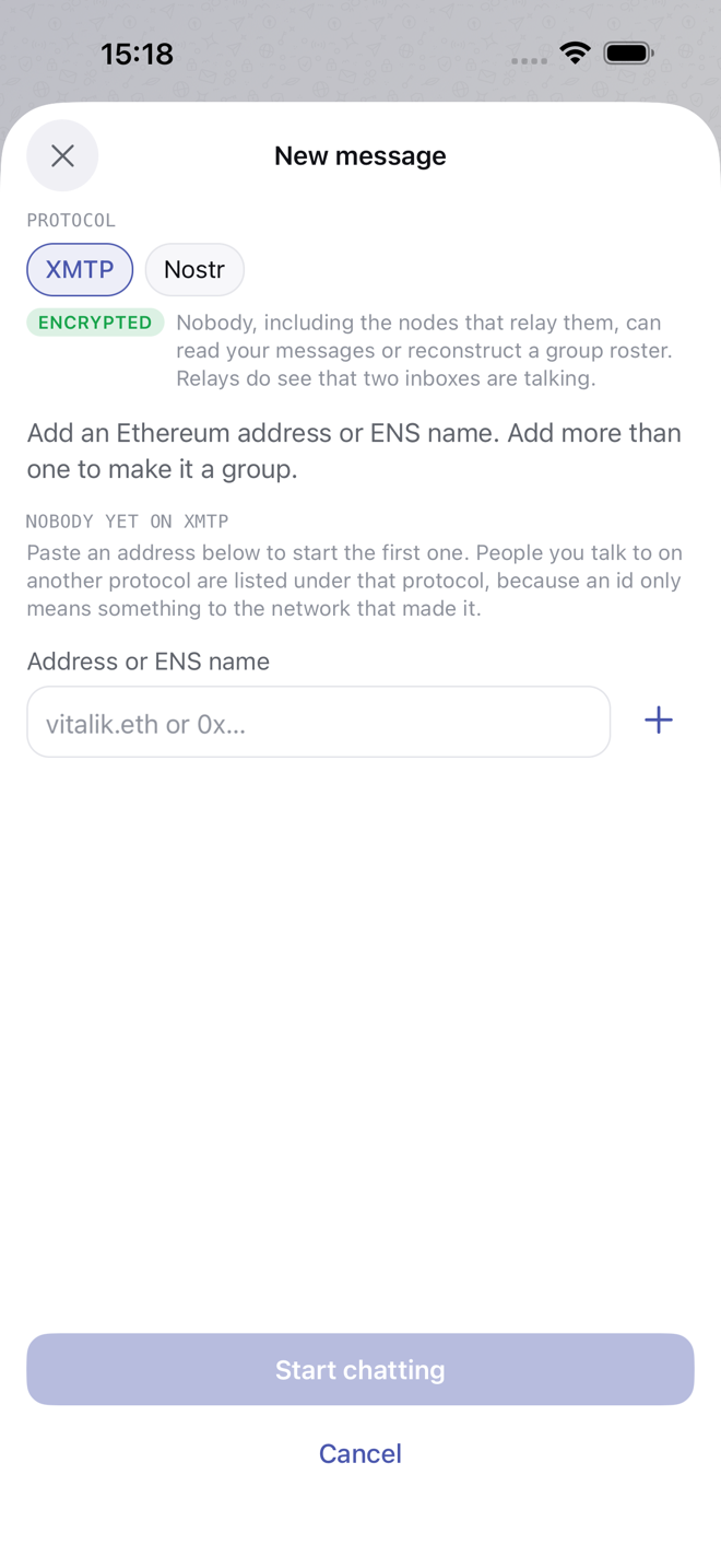 Starting a new chat: pick a protocol, paste who to talk to