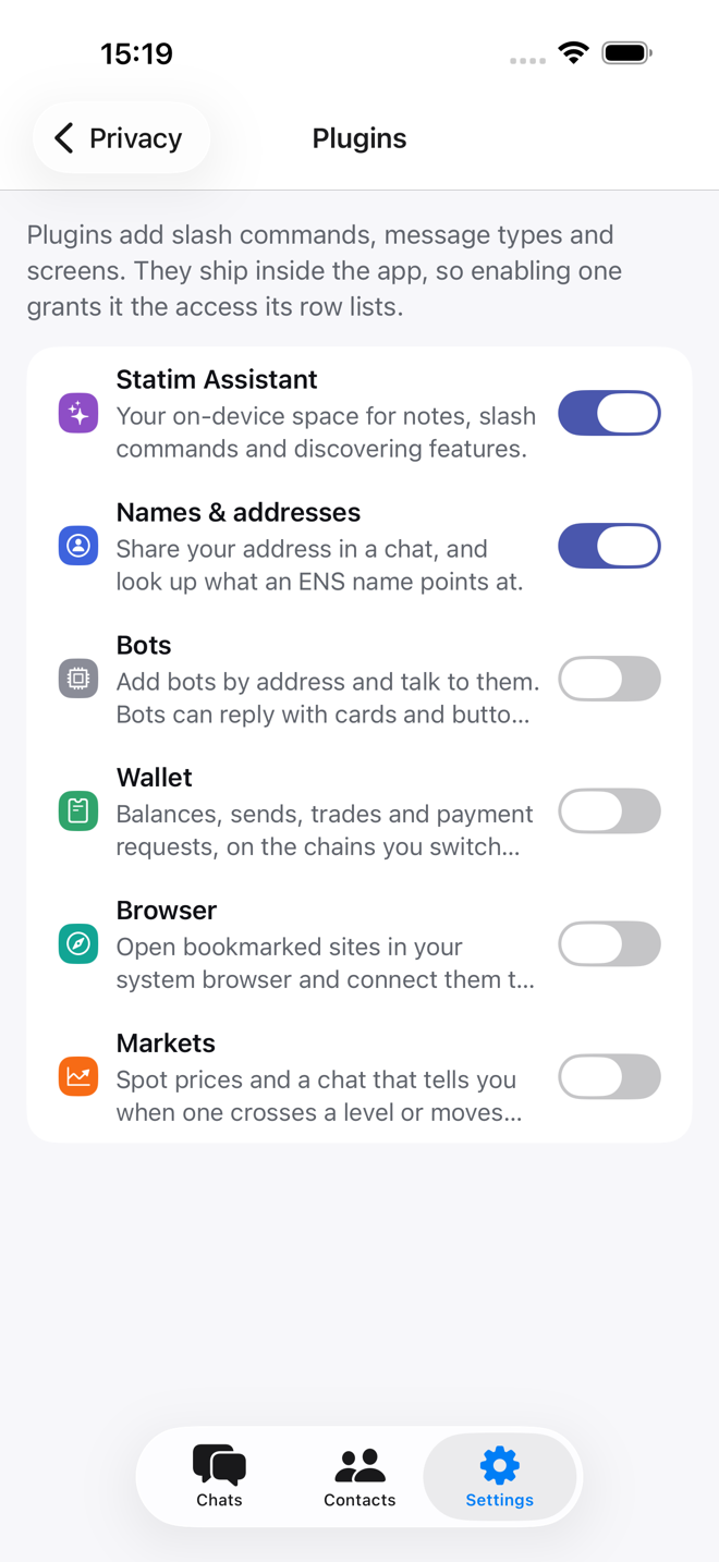 Settings → Plugins, each with a switch and a description