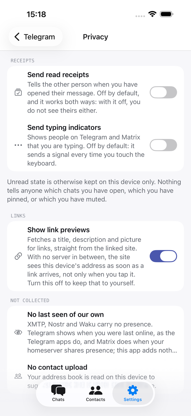 Settings → Privacy: read receipts, link previews, and what is never collected