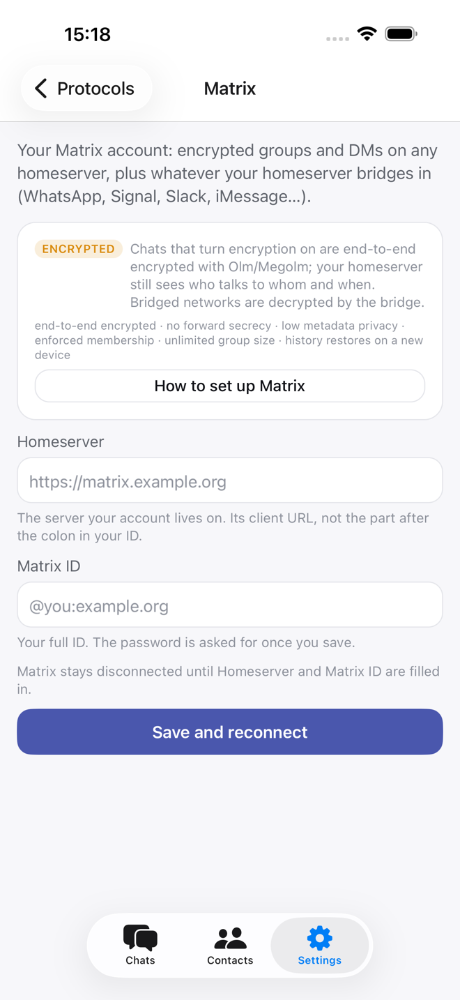 The Matrix settings screen: what it protects, homeserver and Matrix ID