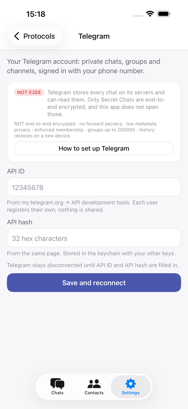 The Telegram settings screen: API ID and API hash