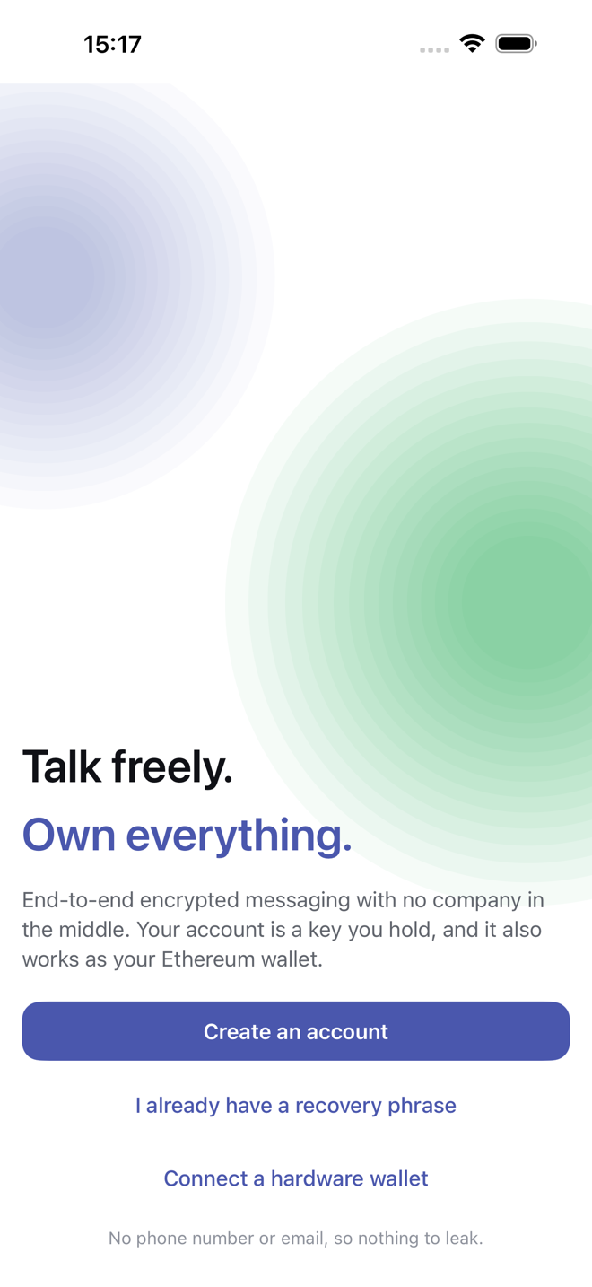 The welcome screen: create an account, restore a phrase or connect a hardware wallet